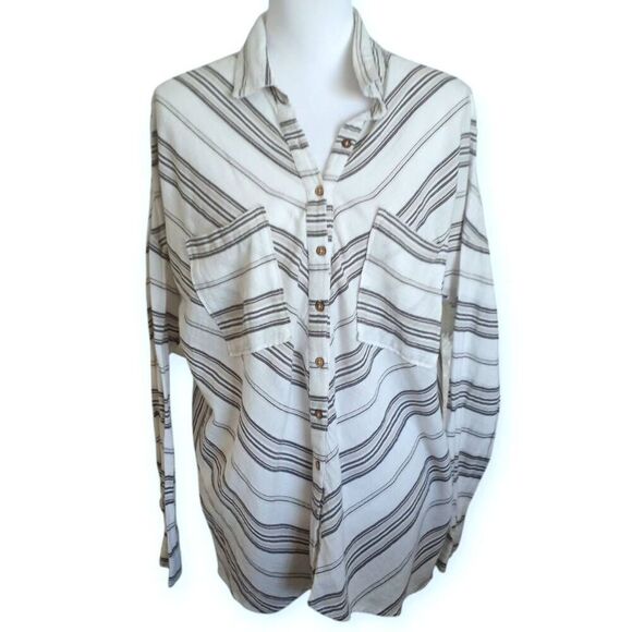 O'NEILL WHITE & GRAY STRIPE BUTTON DOWN SHIRT SZ.XS/S GUC. - Picture 1 of 4